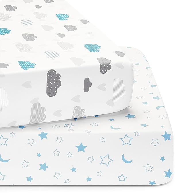 TILLYOU Baby Crib Sheets for Boys Girls, Super Soft Toddler Bed Sheets, 2 Pack Sheets for Standard Crib Mattress 28x52in, Blue Clouds and Stars