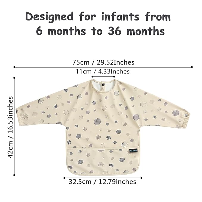 Baby Bib with Long Sleeves Bib & BLW, Machine Washable & Soft and Skin-Friendly Material, Coverall Bibs for Baby Feeding, Waterproof and Easy to Clean, for Baby Infant Toddlers (Beige)