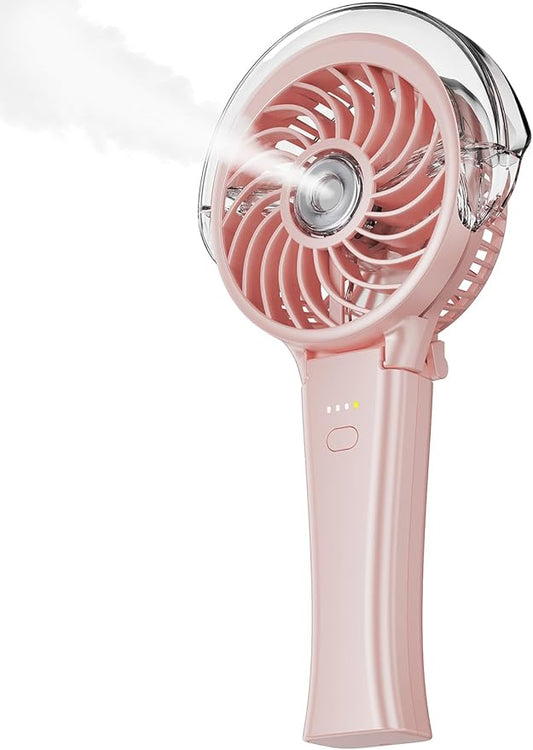 KIBEE Portable Misting Fan - 4000mAh Rechargeable, 50ml Water Tank, Foldable 180° Handheld Fan with Mist Spray, 3-Speed Personal, Portable Charger for Travel, Outdoors, Makeup & More(Pink)