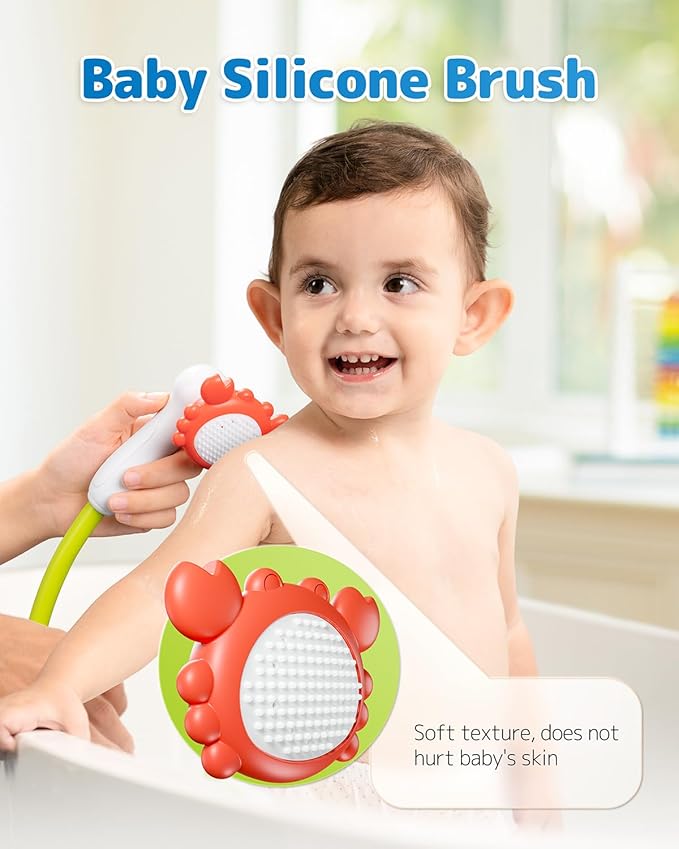 Baby Bath Shower Head with Water Thermometer, 3-in-1 Rechargeable Bath Toys, 3 Exchangable Shower Heads and Soft Silicone Baby Brush, for Newborns, Toddlers in The Tub or Sink-Sensing V3
