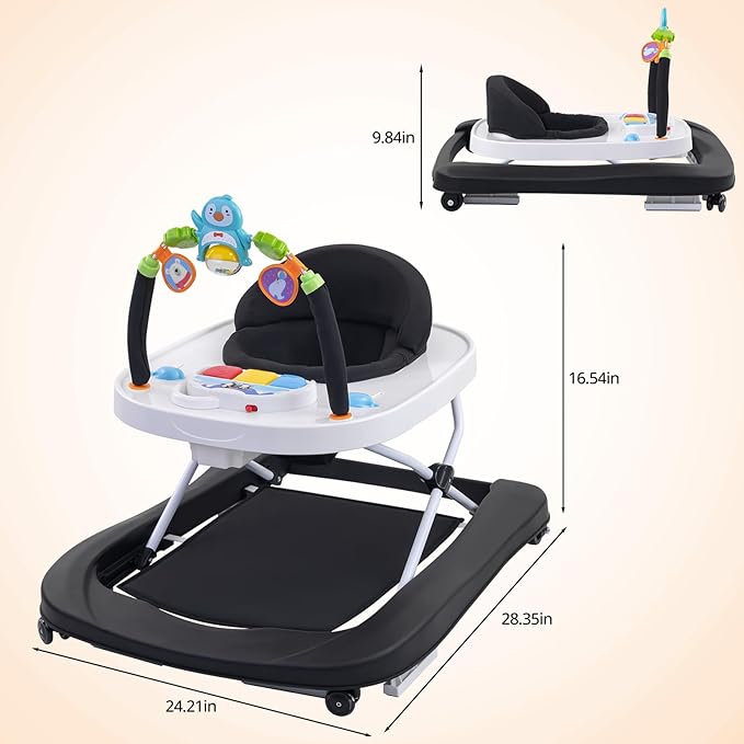 Foldable Baby Walker with Wheels, 3 Height Settings, 4-in-1 Activity Center for 6-18 Months with Tray, Music & Removable Footrest