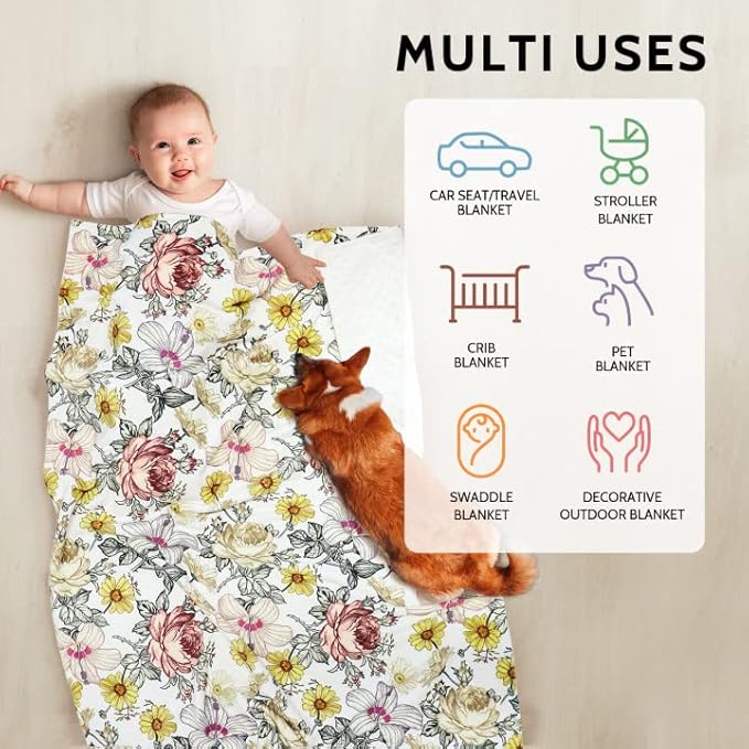Floral Baby Blankets, Floral Toddler Blanket for Boys Girls, Dotted Backing, Double Layer, Crib Receiving Blanket, for Nursery/Stroller/Toddler Bed/Carseat, 30 x 40 Inch