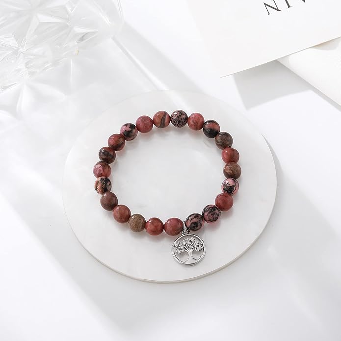 QWNHONEY Mothers Day Gift for Grandma Mom Mother in Law Sister in Law Bonus mom Granny Nana Valentine's Day Birthday Anniversary Pink Red Natural Stone Tree of Life Bracelet