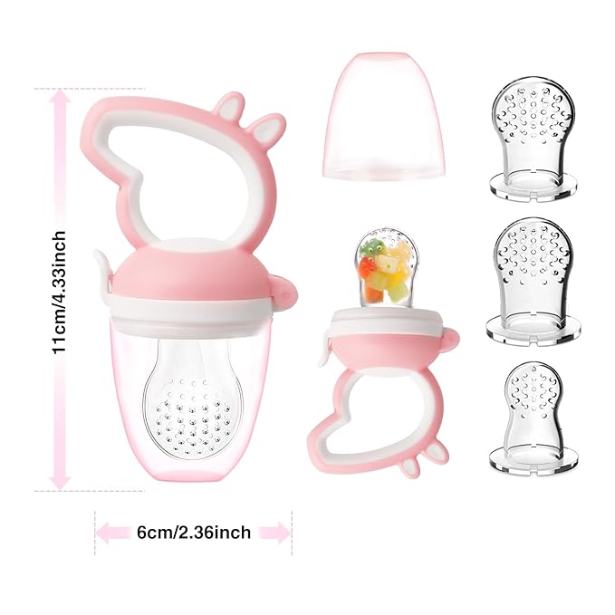Baby Fruit Feeder with Mini Freezer Tray, Baby Teethers, Breastmilk Popsicle Molds for Teething Relief, Silicone Fresh Food Feeder for Safe Infant Self Feeding (Pig Pink)