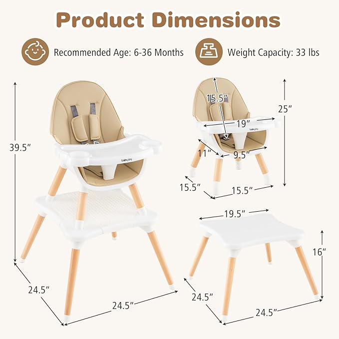 BABY JOY 6 in 1 High Chair, Convertible High Chairs for Babies and Toddlers/Booster Seat/Table and Chair Set, Infant Wooden Highchair w/ 5-Point Harness, 4-Position Removable Tray & PU Cushion (Khaki)