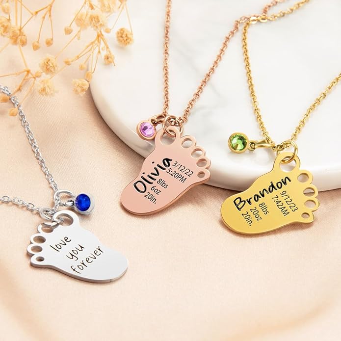 AILIN Custom Baby Feet Necklace With Month Birthstone Stainless Steel Personalized Engraved First Mom Necklace Birthday Mother's Day Gifts For Women New Mom