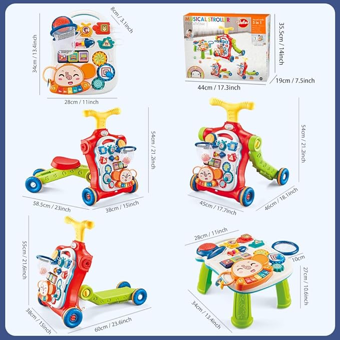Baby Walker 5 in 1,VATOS Sit-to-Stand Learning Walker,Assemble as Scooter/Balance Bike/Push Walker/Activity Table/Detachable Panel,Push Walkers Toys with Music for Toddlers Infant Boys Girls