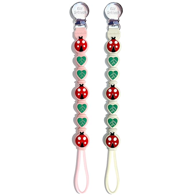 2 Pack Silicone Pacifier Clips for Baby Boys – Food Grade One-Piece Strap with Cord & Stainless Clip – Teether Holder for Baby – Cute Ladybug & Leaf Design – BPA-Free(Beige+Pink)