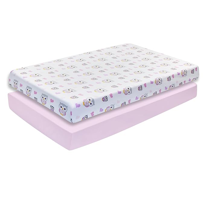 EVERYDAY KIDS 2 Pack Fitted Girls Crib Sheet, 100% Soft Breathable Cotton Baby Sheet, Fits Standard Size Crib Mattress 28in x 52in, White Nursery Sheet with Pink Owls and Hearts and a Solid Pink