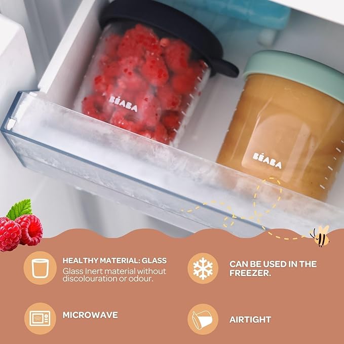 BEABA 6 Pack Glass Baby Food Jars with Soft Silicone Air Tight Lids, 5 oz Glass Storage Containers with Lids, Microwave and Freezer Safe Containers, Sunrise