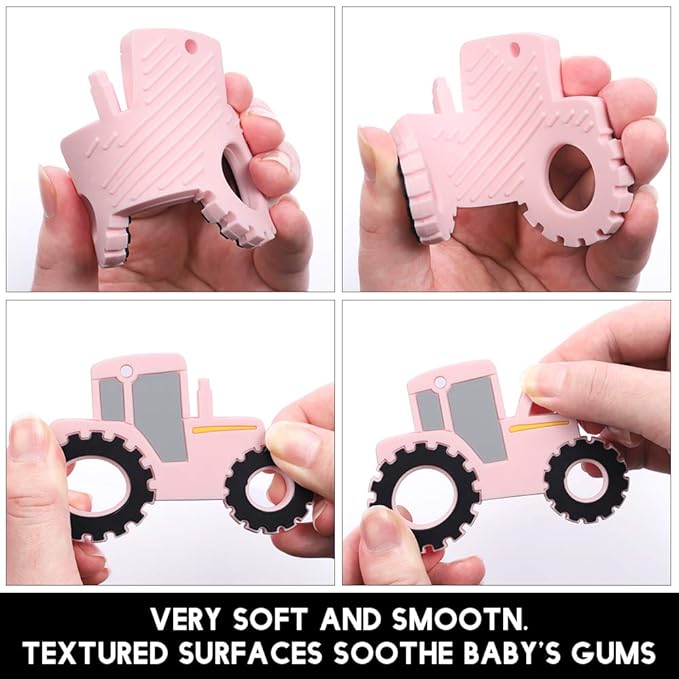 Baby Food Grade Silicone Tractor Truck Teether Toy with One Piece Design Pacifier Clip Holder,Teething Pain Relief Toys Gift Set for 3 Months+ Boys and Girls,Freezer Safe,BPA Free. (Pink)