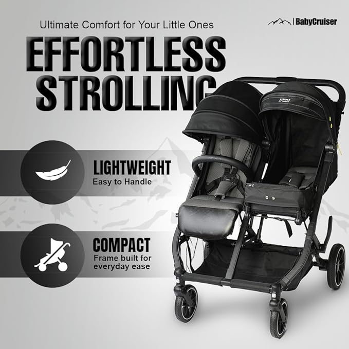 BabyCruiser Double Stroller Newborn and Toddler – Compact Side by Side Twin Stroller, Lightweight, Easy Maneuverability, Fits Standard Doors, Adjustable Settings from Birth up to 48.5 lbs per seat