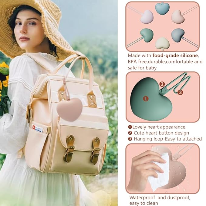 4pcs Pacifier Holder Case Set, 2pcs Silicone Portable Pacifier Pouch and 2pcs Transparent Pacifier Storage Container, Cute Heart Shape Pacifier Storage Case for Newborn Baby(Pink+Khaki)
