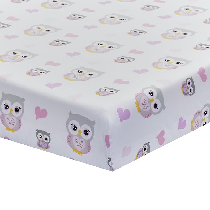 EVERYDAY KIDS 2 Pack Fitted Girls Crib Sheet, 100% Soft Breathable Cotton Baby Sheet, Fits Standard Size Crib Mattress 28in x 52in, White Nursery Sheet with Pink Owls and Hearts and a Solid Pink