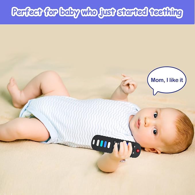 Baby Teething Toys, Food Grade Silicone Teether for Babies 3 6 12 18 Months, TV Remote Shape Toddlers Chew Toys, Freezer BPA Free (Purple+Khaki)