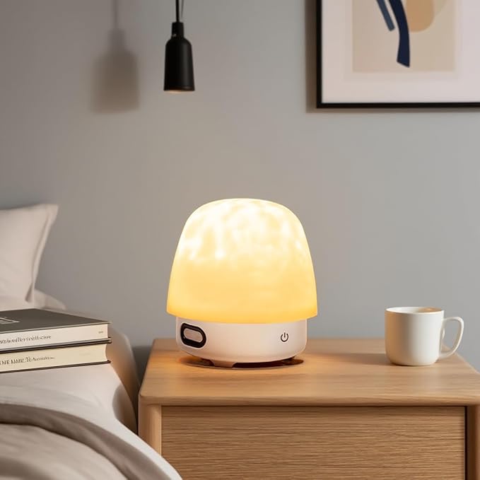 Lunie Light - Night Light & Bluetooth Noise Machine with Ocean Wave Projector, Speaker, Lampshade & Remote - 4 White Noise, 16-Color Touch Dimming for Sleep & Relaxation (White)