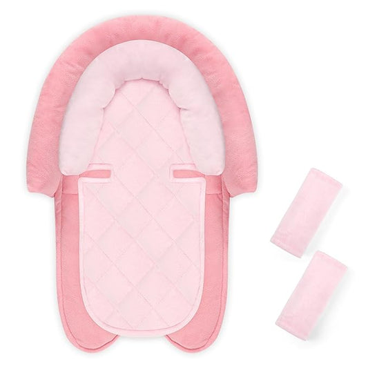Baby Car Seat Head Body Support & Strap Covers, 2 in 1 Infant Car Seat Insert, Reversible Soft Breathable Newborn Cushion Pads for Preemie, Perfect for Baby Carseats, Strollers, Swings (Pink)