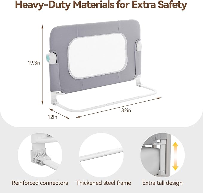 Reinforced Safety Bed Rail for Toddlers – 32” Bed Rail Guard with Thickened Material, Foldable & Adjustable Rail for Crib, Twin, Full, Queen, King Beds