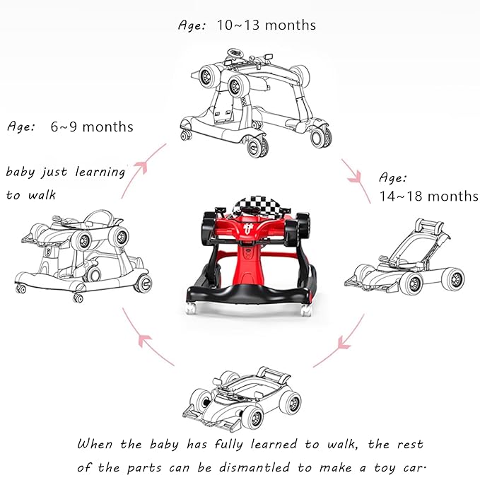 4-in-1 Baby Walker, Foldable Activity Walker with Adjustable Height & Speed, Music, Lights, Steering Wheel, Activity Baby Push Walker for Boys Girls Aged 6–18 Months (Red)