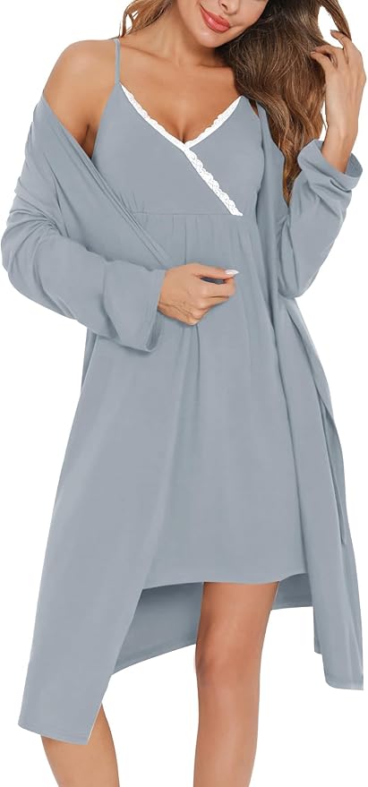 SWOMOG Womens Maternity Robe 2 Piece Nursing Nightgown for Breastfeeding 3 in 1 Labor Delivery Nursing Dress Lace Bathrobe