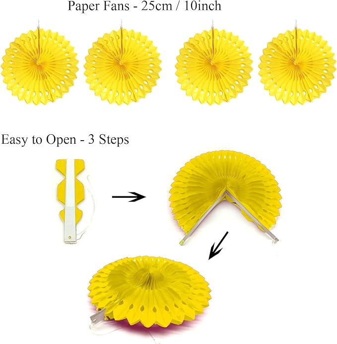ZERODECO Party Decoration, 21 Pcs Yellow Hanging Paper Fans Pom Poms Flowers, Garlands String Polka Dot and Triangle Bunting Flags for Minnie Mouse Birthday Parties Baby Showers Wedding