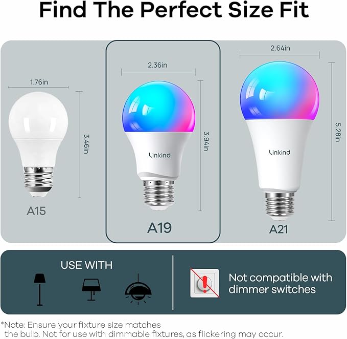 Linkind Color Changing Smart WiFi Light Bulbs, Work with Alexa & Google Home, A19 E26 Dimmable RGBTW Bulbs, No Hub Needed, 800 Lumen, 2.4Ghz WiFi, 6 Pack