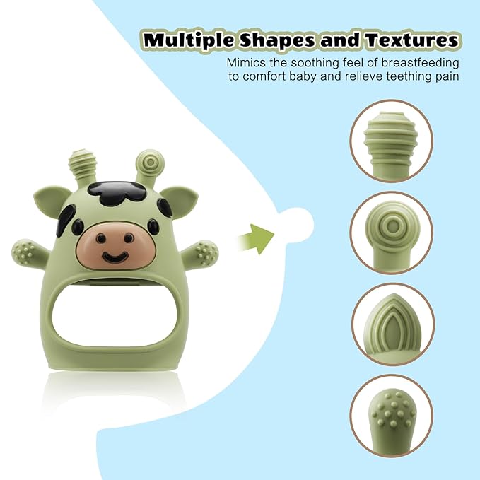 TOHIBEE 2 Packs Baby Teething Toys for 0-6 6-12 Months, Food Grade Silicone Adjustable Cow Teething Mitten, Chew Teether Toys for Teething Pain Relief, Baby and New Born Essentials, Green & Beige