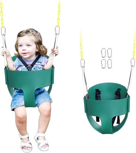 High Back Full Bucket Toddler Swing Seat with 3- Point Adjustable Safety Harness, 66 inch Detachable Chain,Suitable for Babies Aged 6-24 Months,Baby Swing for Swingset (Green)