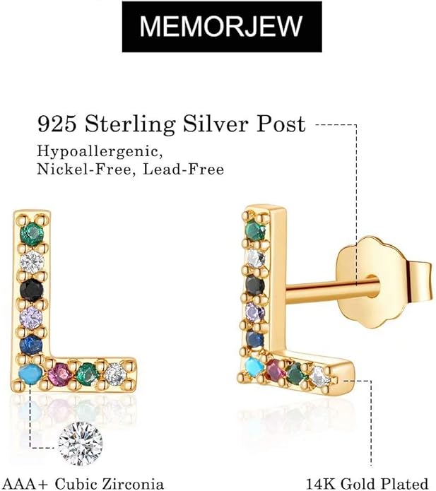 Memorjew Initial Stud Earrings for Women, Hypoallergenic 925 Sterling Silver Post Rainbow Cubic Zirconia Gold Plated 26 Initial Earrings for Women Jewelry Gifts