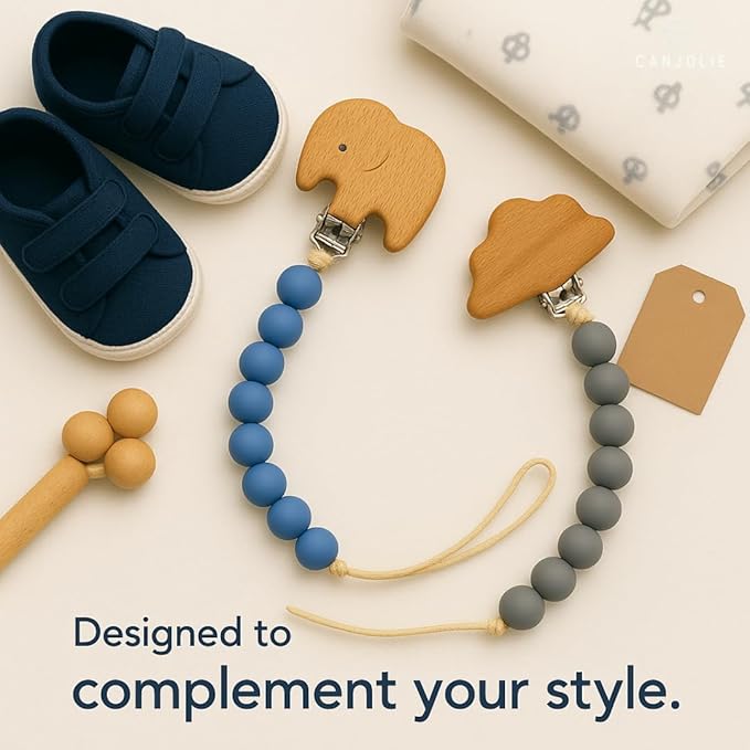 Wood Paci Clips 2 Pack for Baby Boy, Premium Flexible Bead Design, Universal Fit, Safe Pacifier Holder