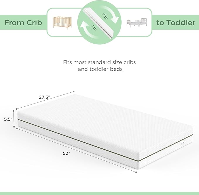 Crib Mattress, Dual-Sided Comfort Baby and Toddler Mattress with Gel Memory Foam and Removable Cover, Fits Standard Size Cribs and Toddler Bed, 52x27.5x5.5 inches