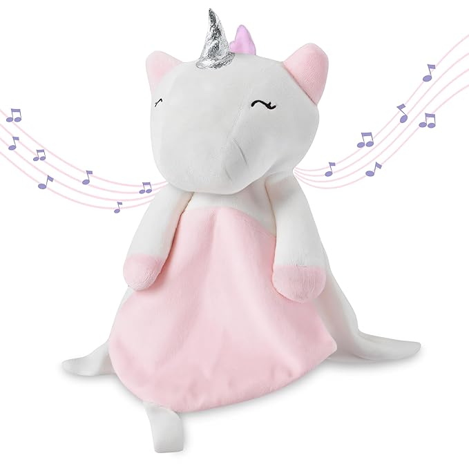Love By Emi Baby Music Lovey Pink & White Unicorn, Baby Sleep Soother for Crib & Cuddle Bedtime, White Noise with Heartbeat & Lullaby, Plush Sound Toy, Stuffed Animal for Newborns, Infants & Toddlers
