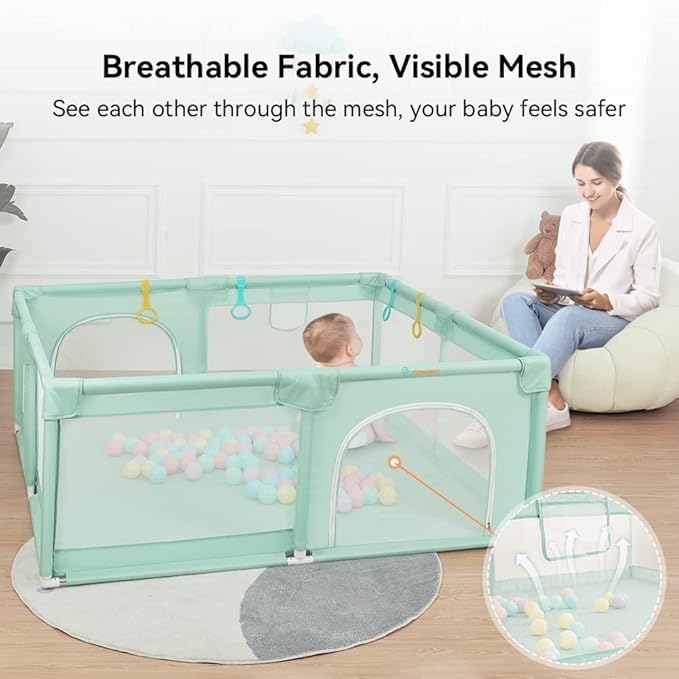 COMOMY Playpens for Toddlers, 79"x71" Baby Playard Extra Large, Safe Non-Slip Fence, Full Mesh Design, Indoor & Outdoor Kids Activity Center, Dark Green
