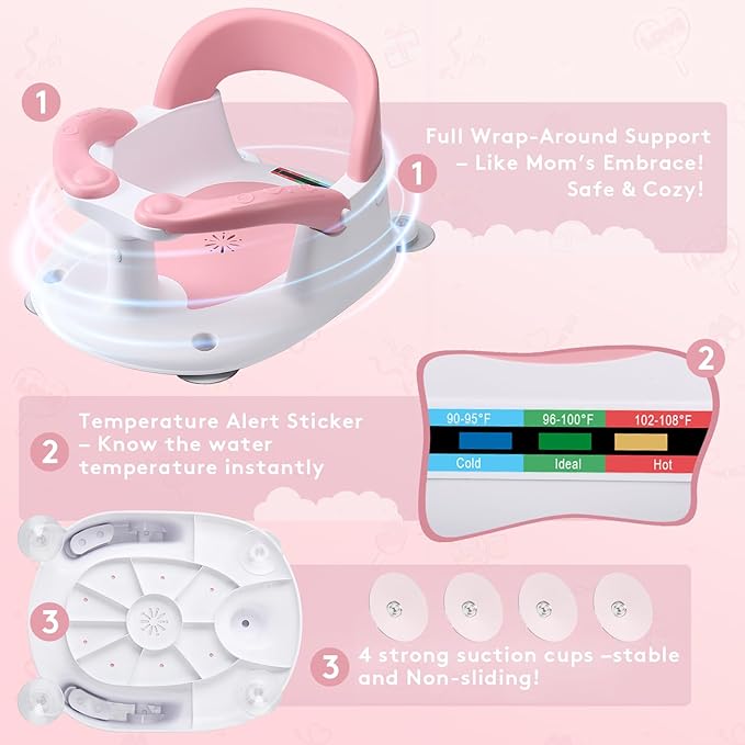 Baby Bath Seat for Babies Sitting Up with Temperature Alert+Soft Cushion+Suction Cup,Infant Bath Seat for Baby 6 Months & Up,Baby Bath Chair Toddler Bath seat for Bathtub Tub Pink