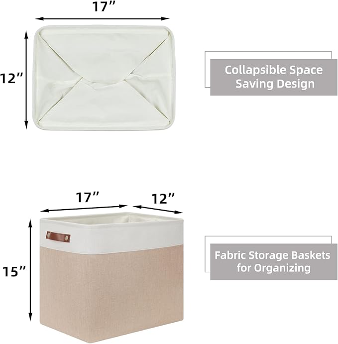 HNZIGE Large Fabric Storage Basket for Shelves, Rectangular Storage Bins Baskets for Storage, Canvas Collapsible Storage Bins with Handles for Organizing Home, Closet(White Beige)