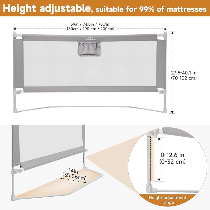 Bed Rail for Toddlers, Foldable Bed Rails Quick Assembly, Height Adjustable Bed Rail Guard with Steady U-Shape Base for Toddlers, Baby, Kids (1 Side 59'')