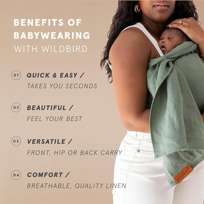 WildBird Ring Sling Baby Carrier for New Moms & Dads & Caregivers - Made from 100% European Linen - for Newborns to Toddlers Up to 35 lbs - Standard 74" Size (Acadian Fabric/Gold Ring)