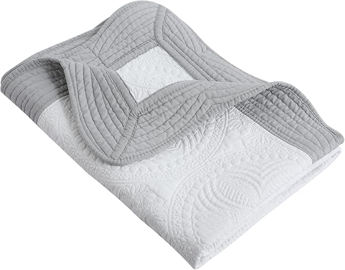 MONOBLANKS Baby Quilt Personlized Monogram Lightweight Embossed Scalloped Throw Blanket Four Seasons (White-Grey Trim)