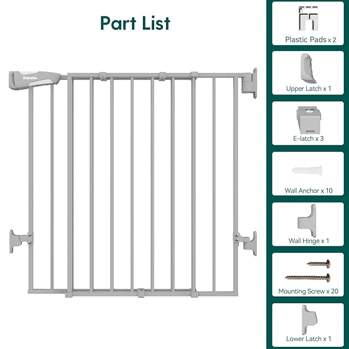 Babelio 26-43" No Bottom Bar Baby Gate for Babies, Elders and Pets, 2-in-1 Hardware Mount Dog Gate for The House, Stairs and Doorways, with Large Walk Thru Door, Grey