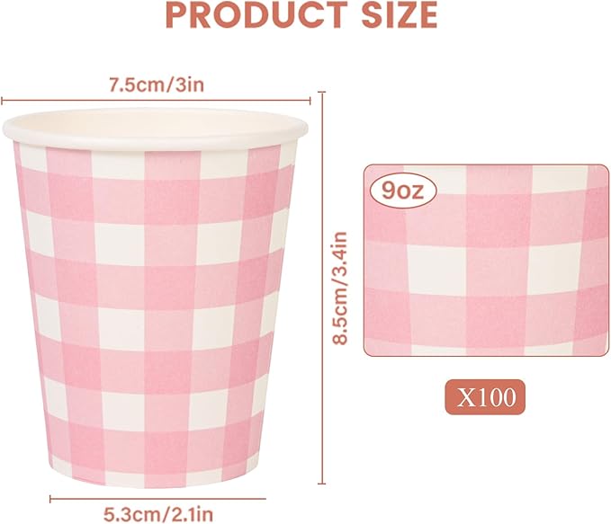 100pcs 9 oz gingham party Paper cups, Pink Disposable Plaid Paper Checkered Cups for Wedding Birthday Party, Travel, Baby Shower Picnic