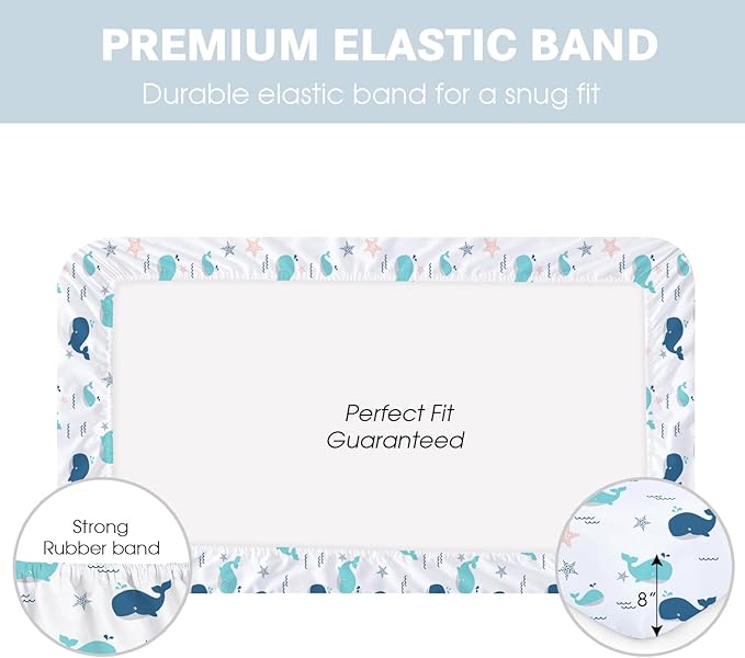 Little Grape Land Toddler Sheets 4 Pack – Baby Crib Sheets Fitted for Boys Girls, Standard Size 28x52‘’ Crib Mattress, Super Soft Breathable Washable Microfiber (Whale/Shell Blue/Ocean/Navy)