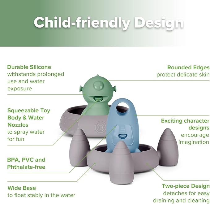 Haakaa Squeeze Alien Explorers Baby Bath Toys, Food Grade Silicone Toddler Bath Toys for Bathtubs/Swimming Pools/Beaches, Detachable Mold Free Floating Tub Toys for Kids Ages 1-3 (Tympani+Rocket)