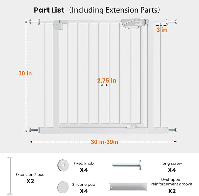 Auto-Close Baby Gate for Stairs & Doorways Dog Gate - Adjustable Steel Safety Gate with Dual Lock, Fits 29"-39" Wide, Pressure Mount No Drilling (White, 30-39" W x 30" H)