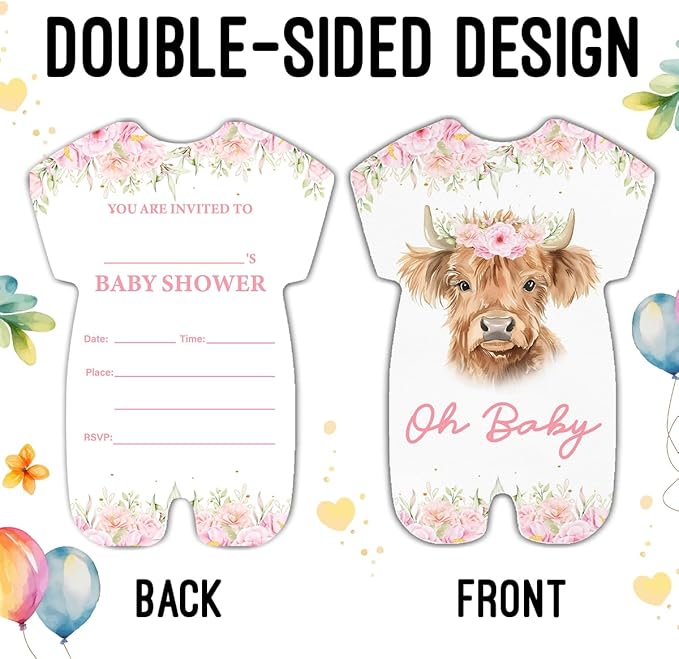 LyoGao Highland Cow Baby Shower Invitations for Girl - Pink Floral Cow Baby Shower Party Fill in Invites Cards With Envelopes (20 Pack)