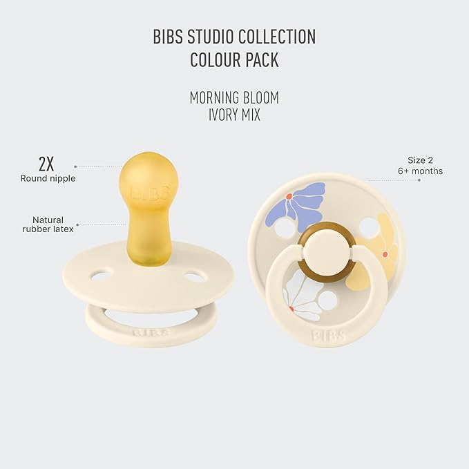 BIBS Pacifiers - Colour Studio 2 Pack | Round Nipple Baby Pacifier | BPA Free Natural Rubber Latex Soother | Made in Denmark | Size 6+ Months | Morning Bloom Ivory