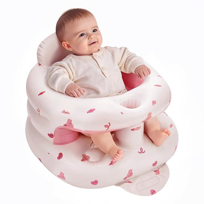Inflatable Baby Seat for Babies 3-36 Months,Baby Floor Chair with Built in Air Pump,Infant Back Support Seat for Sitting & Learning to Sit (Pink Bunny)