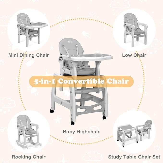 INFANS 5 in 1 Baby High Chair, Convertible Toddler Table Chair Set, Multi-Function Rocking Seat with Lockable Universal Wheels, Adjustable Seat Back, Removable Trays