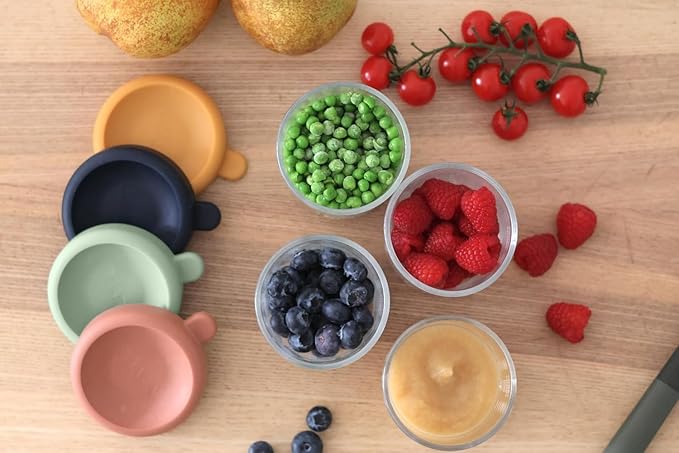 BEABA 6 Pack Glass Baby Food Jars with Soft Silicone Air Tight Lids, 5 oz Glass Storage Containers with Lids, Microwave and Freezer Safe Containers, Sunrise
