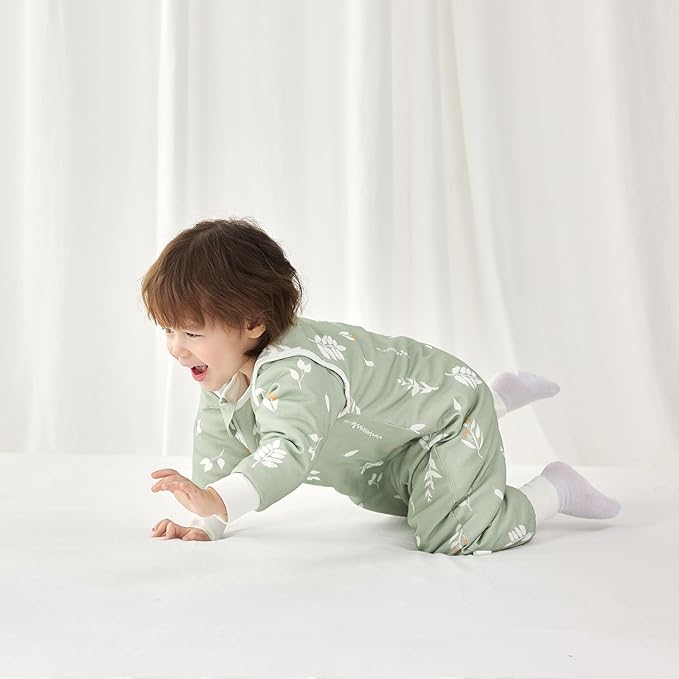 3.5 TOG Super Soft Thick Detachable Long Sleeves Sleep Sack with Feet, 100% Cotton Winter Warm Toddler Sleep Sack, Foliage, Size L