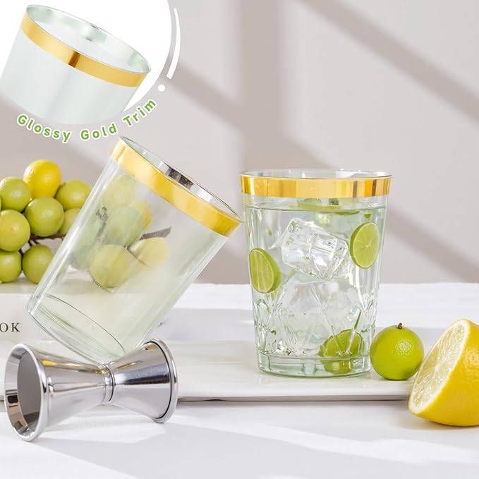 supernal 100 Pack Green Plastic Cups - 10 Oz Clear Green Plastic Disposable Cups with Gold Trim,Heavy Duty & BPA-free for Wedding,Cocktail,Birthday,Party & Elegant Events,Disposable Cocktail Glasses